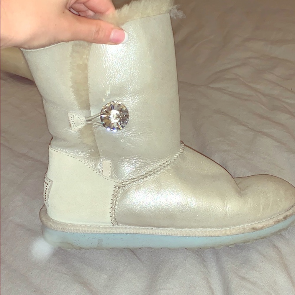 White sateen ugg boots with jewel